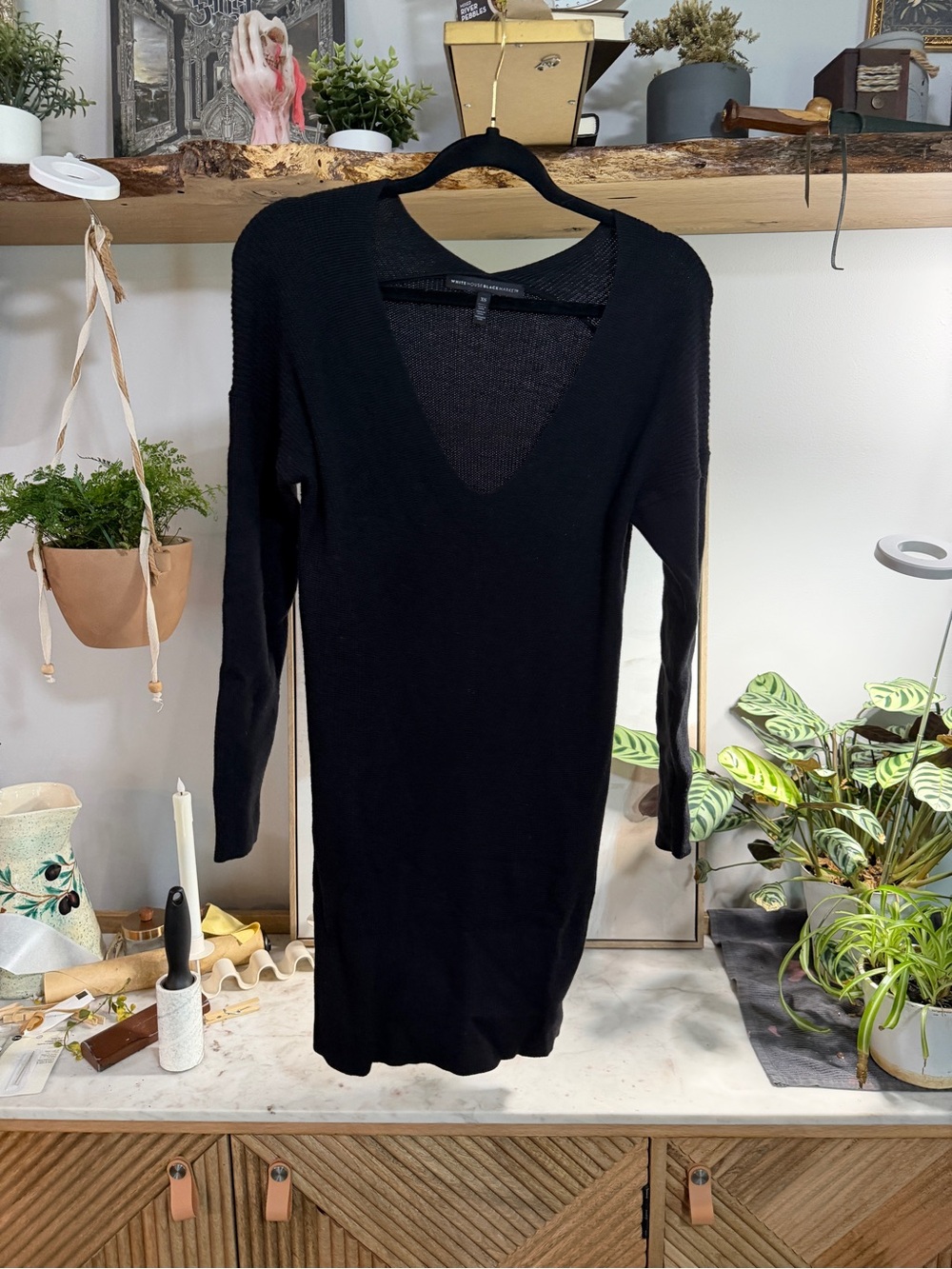 White House Black Market Black V-Neck Long Sleeve Sweater Dress